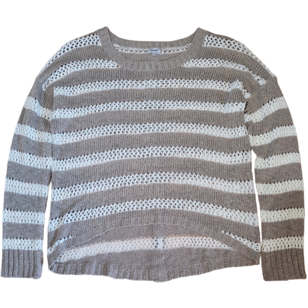 LG 100% Cotton Beach Cream & Tan Open Knit Crochet Striped Kismet Sweater